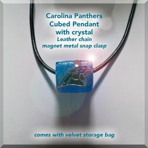 Carolina Panthers Necklace Cubed Pendant on black leather chain